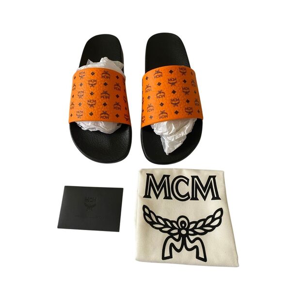 NIB MCM Mens US 10 Persimmon Orange Visetos Monogram Print Vamp Slide Sandals